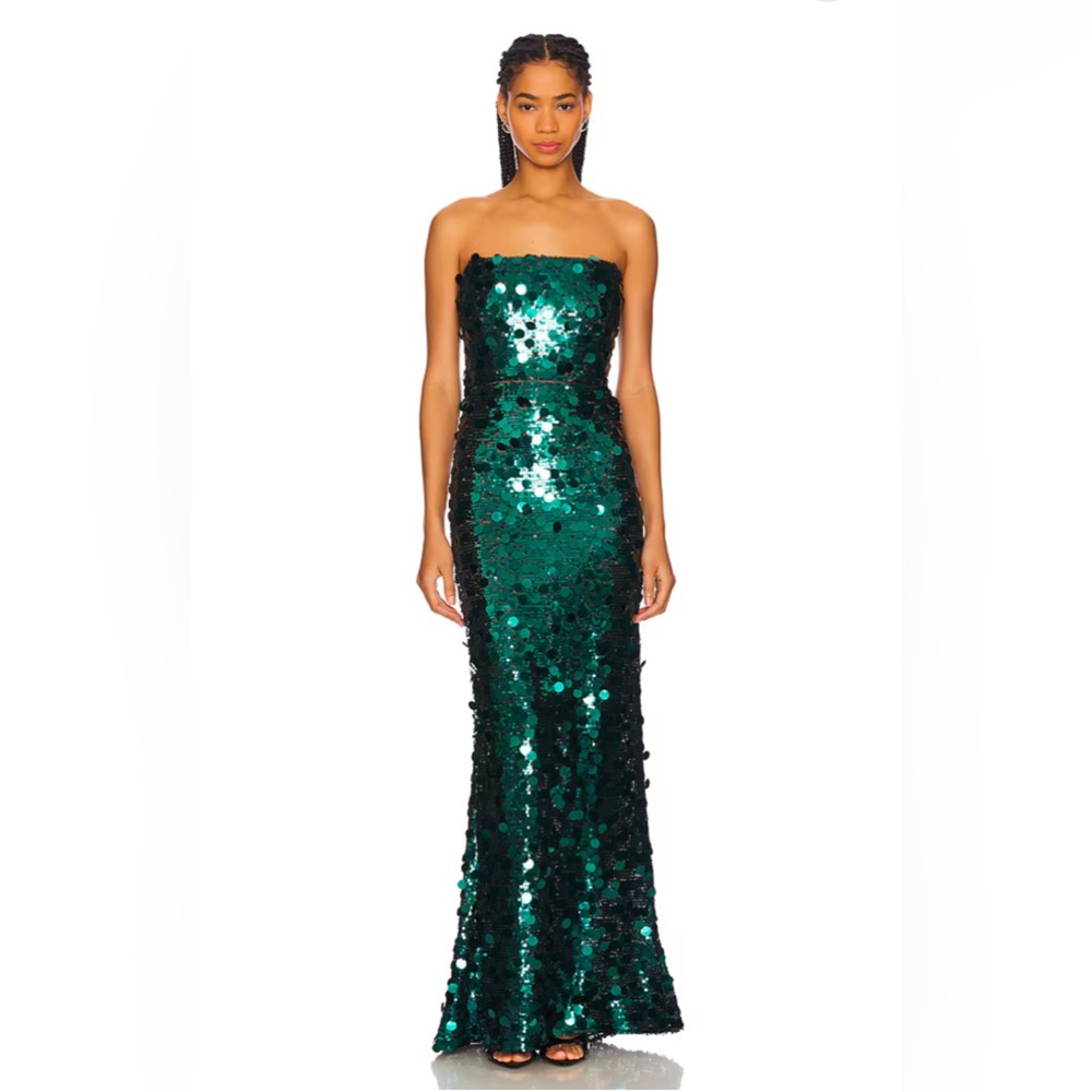 Bronx and Banco Emerald Green Strapless Sequin Maxi Gown